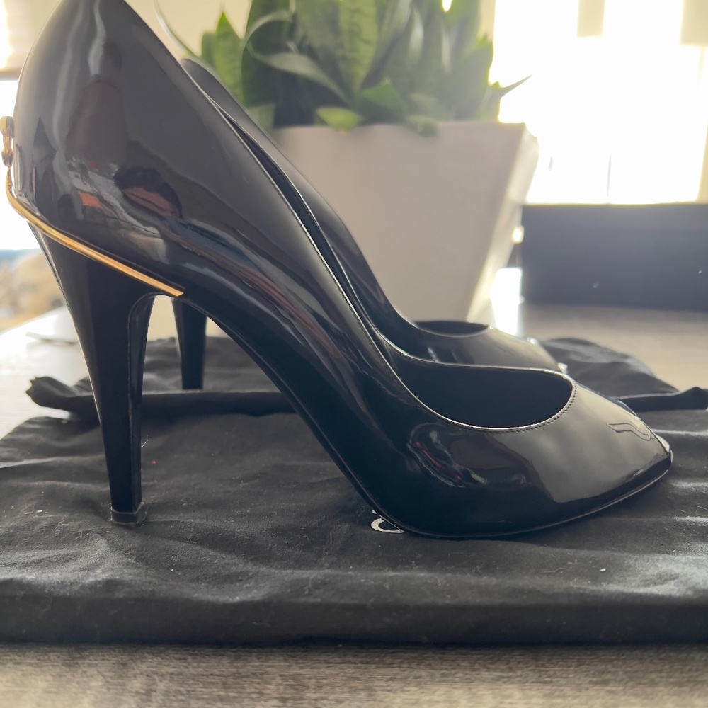 Chanel black patent leather peep toe pumps